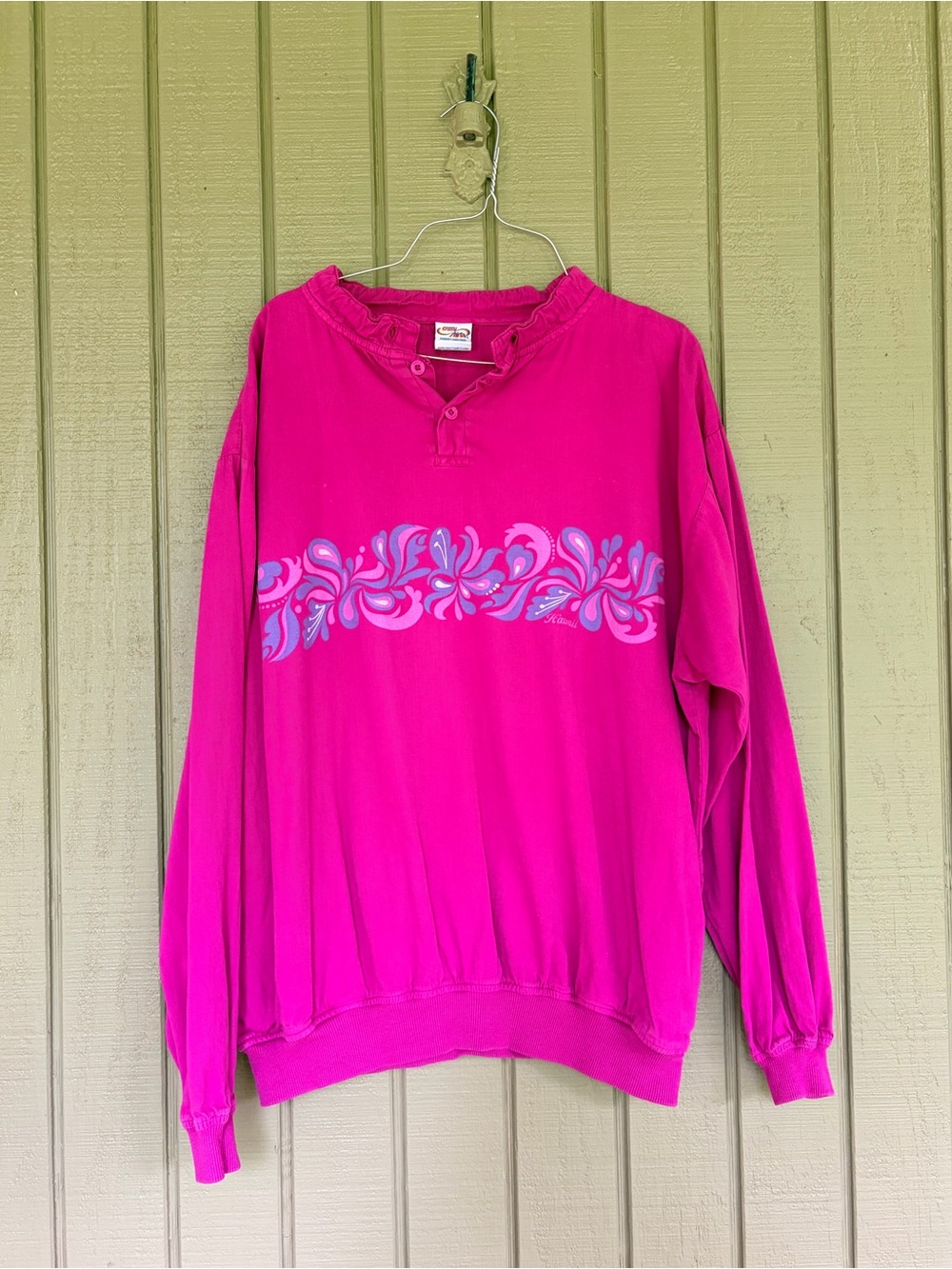 VTG 90s Crazy Shirts Hawaii Henley Pullover Sweatshirt Pink Floral Size L USA